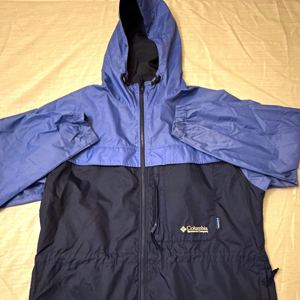 Columbia Women's L Packable Hood Adjust Windbreaker Jacket Blue/Black Colorblock